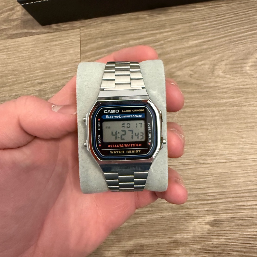 Casio Chrono Silver Digital Watch with Black and Blue Dial Accents